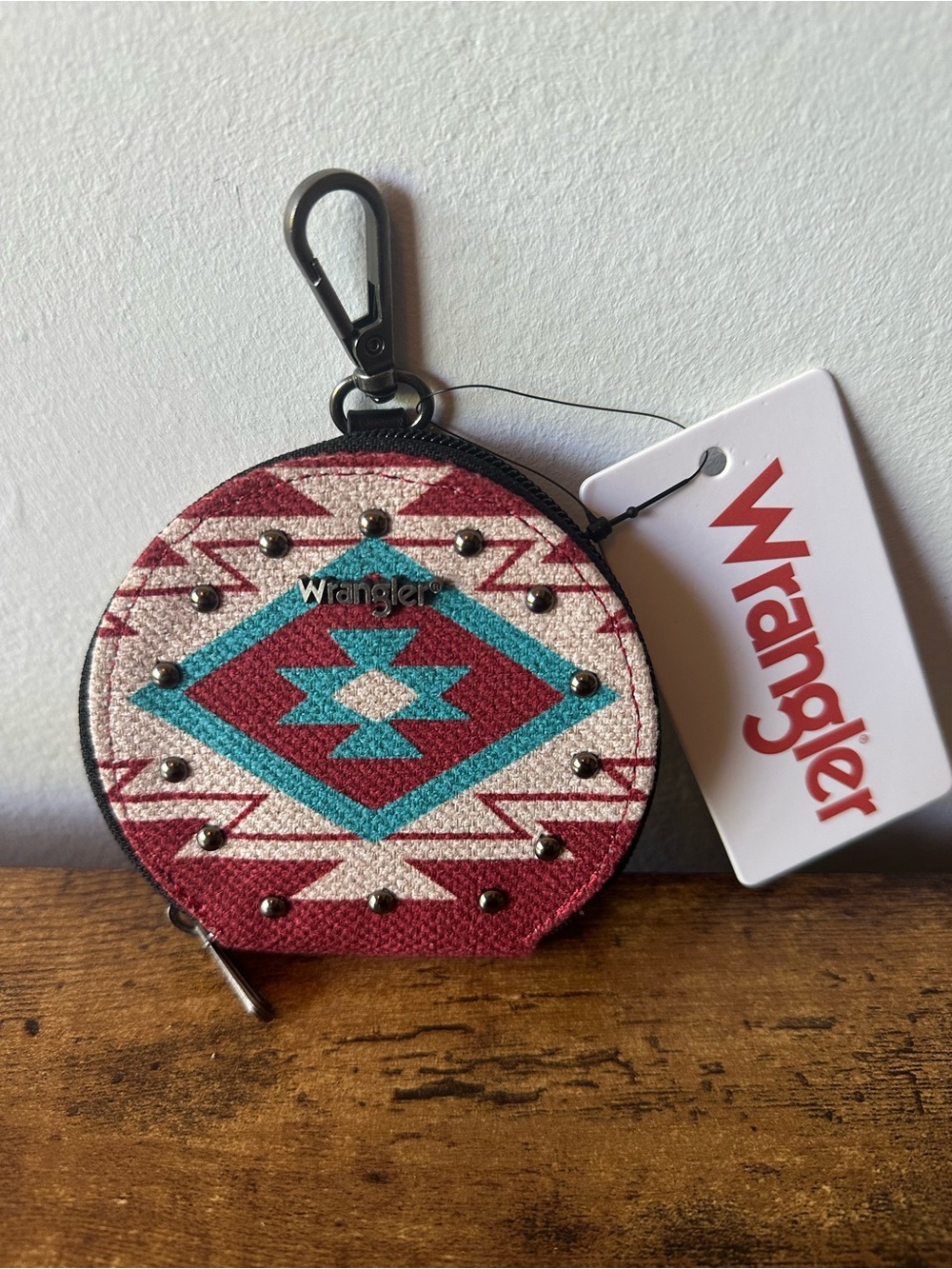 Wrangler Round Mini Coin Purse Wallet Pouch Red, Turquoise, & Cream Keychain NWT